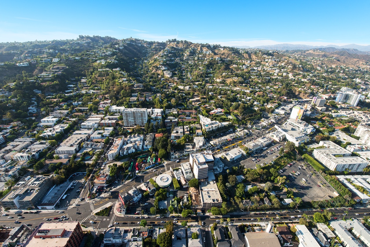Aerial view of Sunset Boulevard in West Hollywood, California